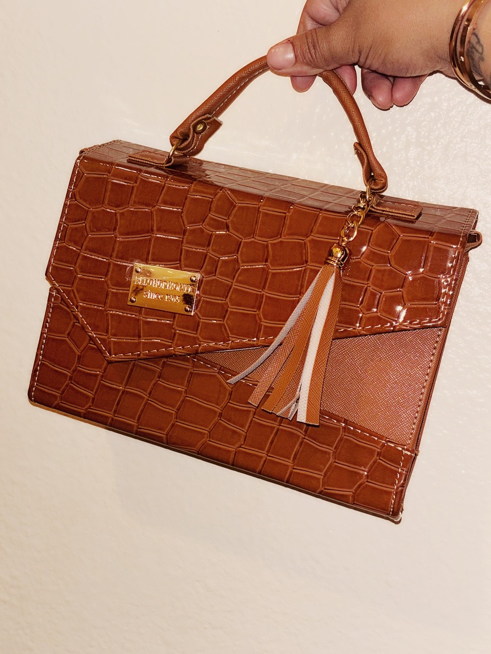 Brown Croc-Embossed Top-Handle Bag with Tassel